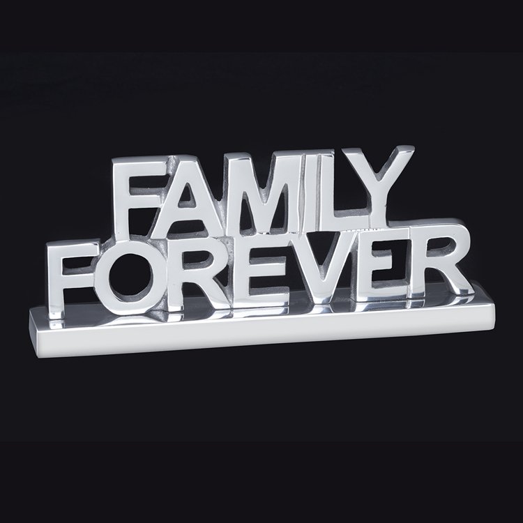 Small silver sign that reads Family Forever