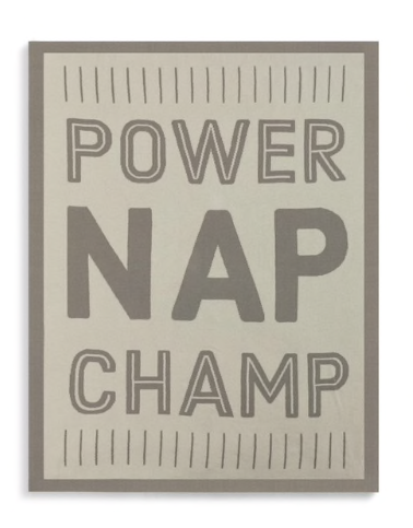 Tan and brown Woven Blanket that reads Power Nap Champ